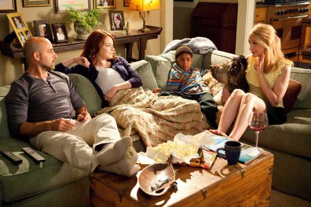 The Penderghaast family Stanley Tucci as "Dill", Emma Stone as "Olive", Bryce Clyde Jenkins as  "Chip" and Patricia Clarkson as "Rosemary" in Screen Gems' EASY A.